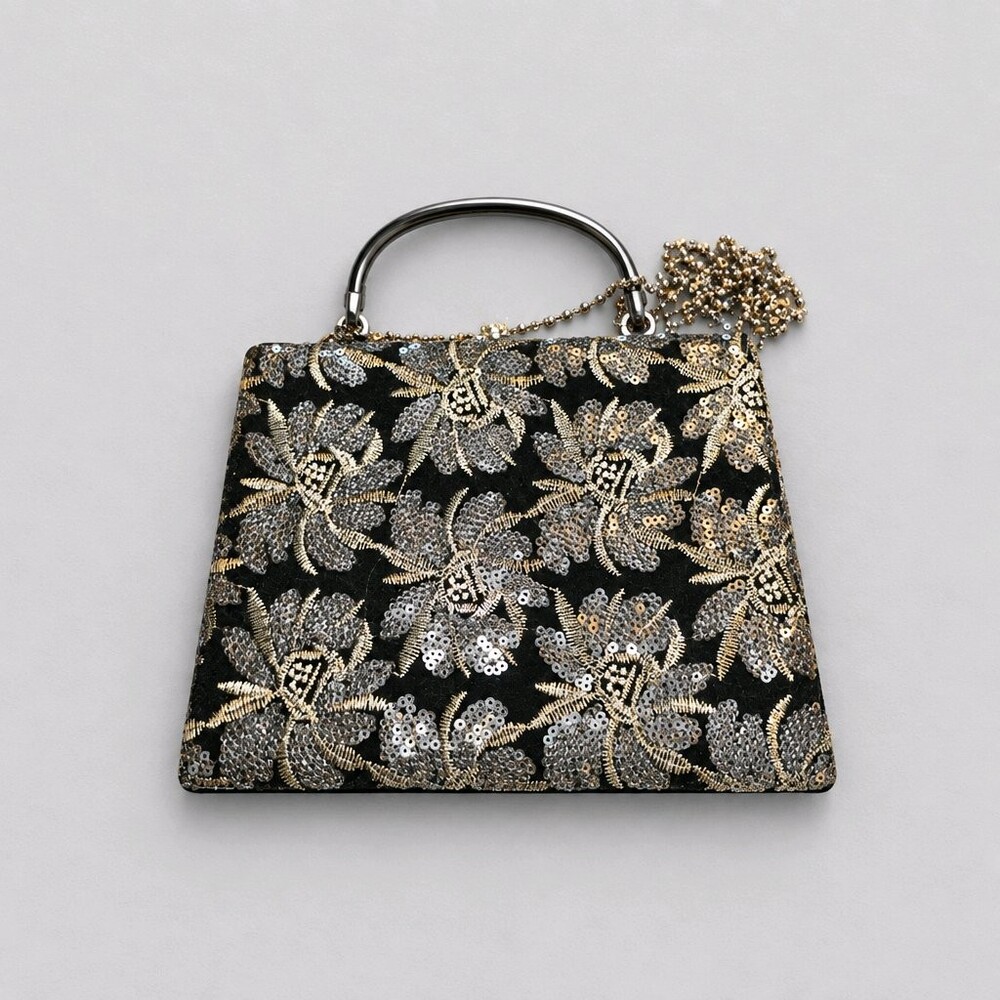 d'margeaux New York Black Velvet Sequin Floral Box Clutch Top Handle Chain Strap